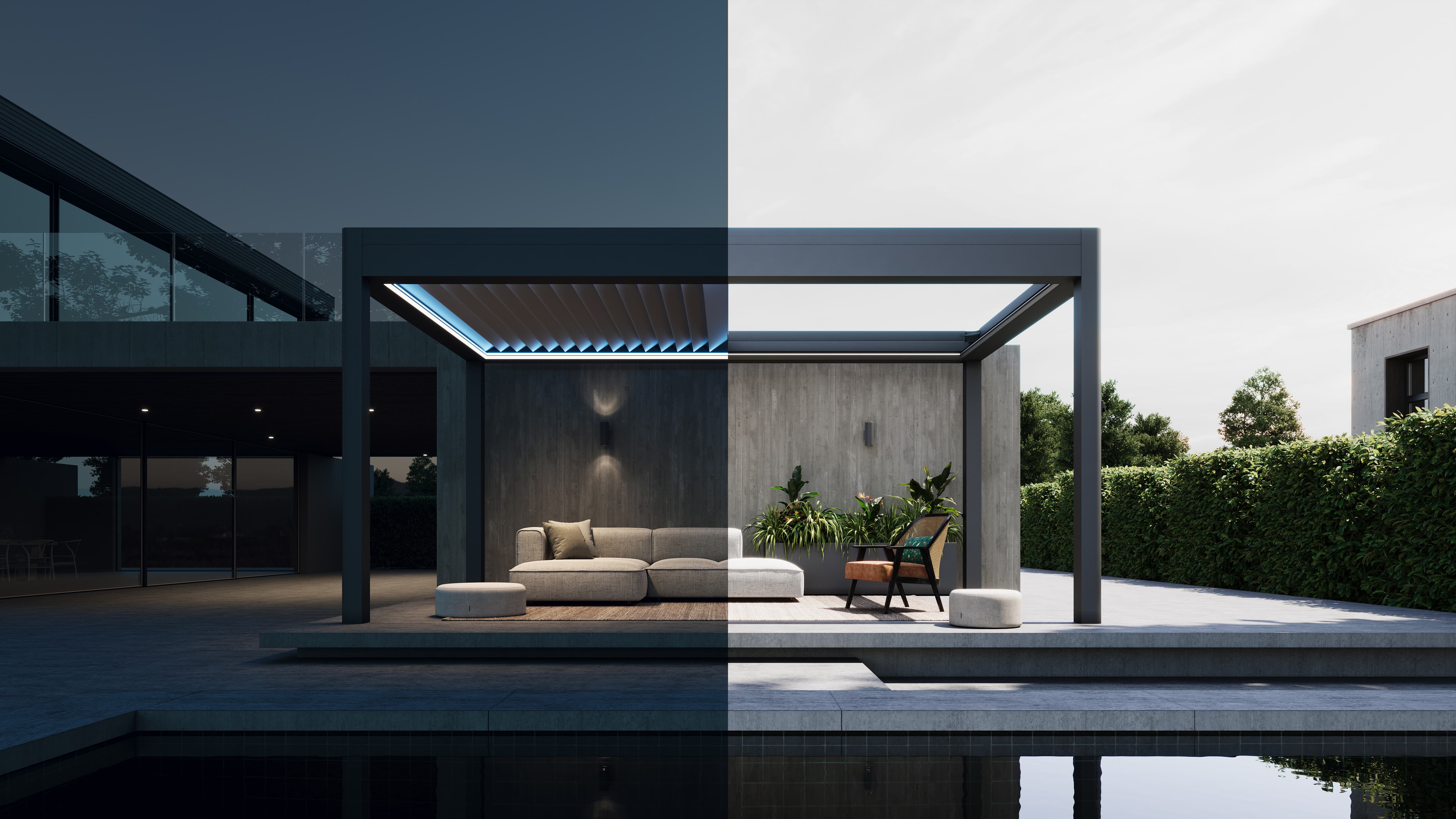 Modern living room featuring Fettahoğlu PVC windows overlooking a serene garden